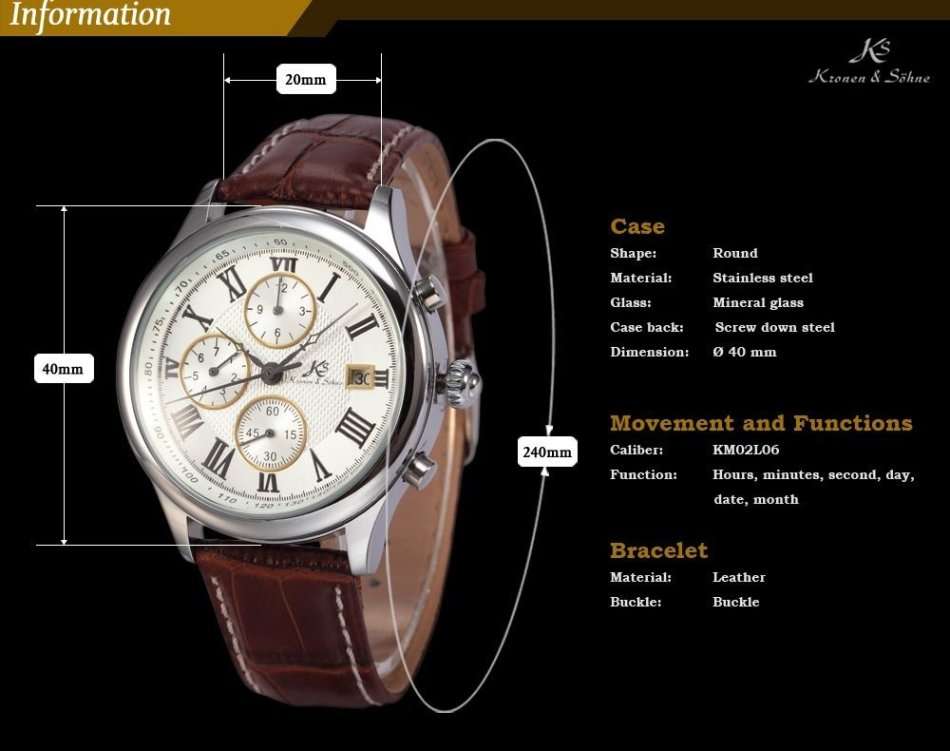 -I GENUINE I- KRONEN&SÖHNE Men White Silver Date Day Leather Automatic Mechanical Wrist Watch