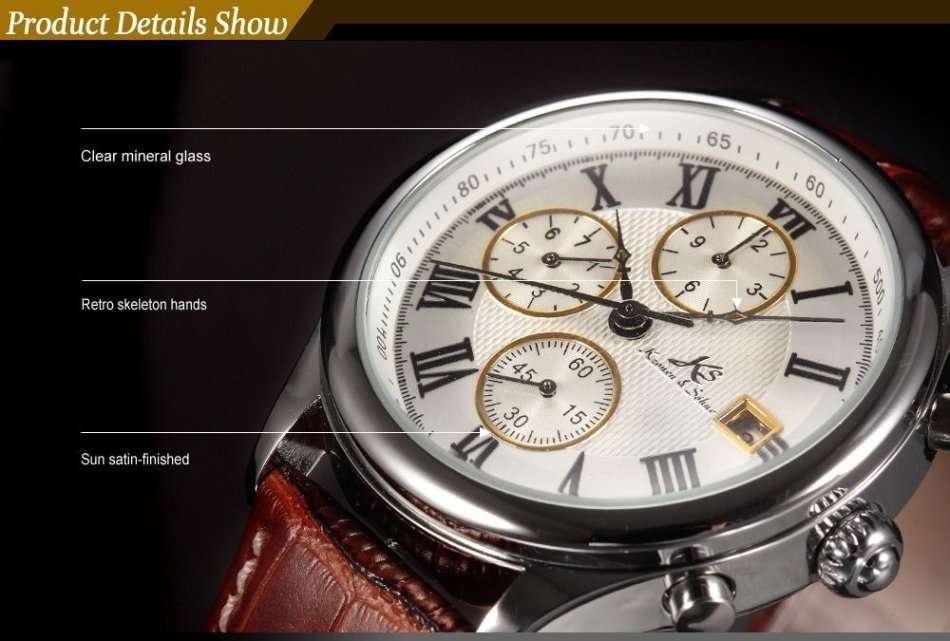 -I GENUINE I- KRONEN&SÖHNE Men White Silver Date Day Leather Automatic Mechanical Wrist Watch