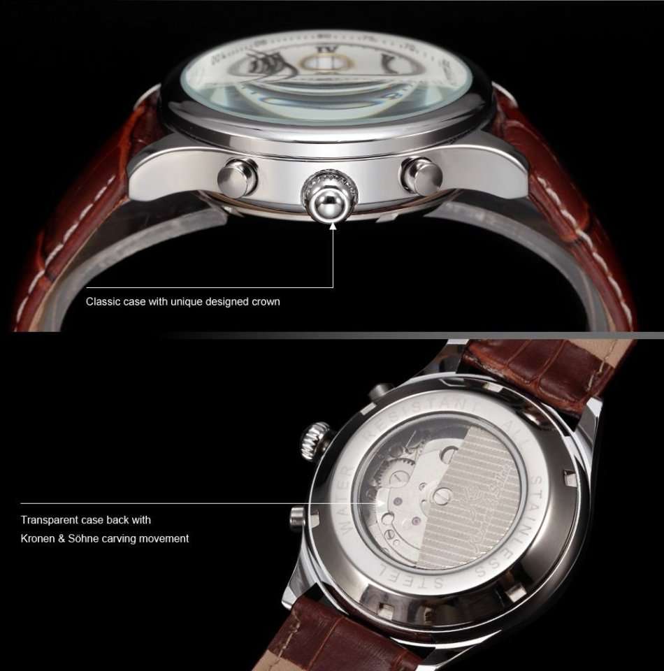 -I GENUINE I- KRONEN&SÖHNE Men White Silver Date Day Leather Automatic Mechanical Wrist Watch