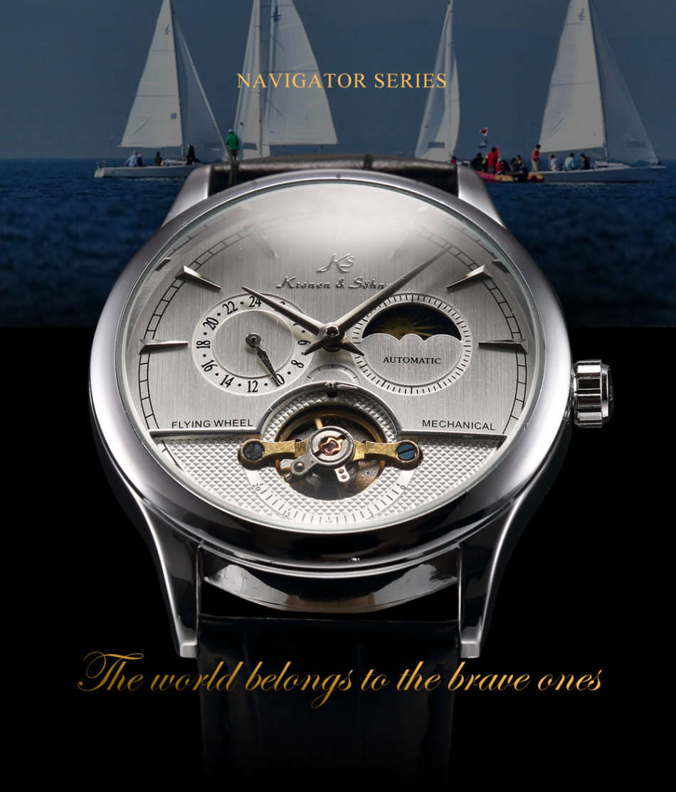 -I GENUINE I- KRONEN& SÖHNE Luxury Men 24 Hours Leather Sport Automatic Mechanical Steel Wrist Watch