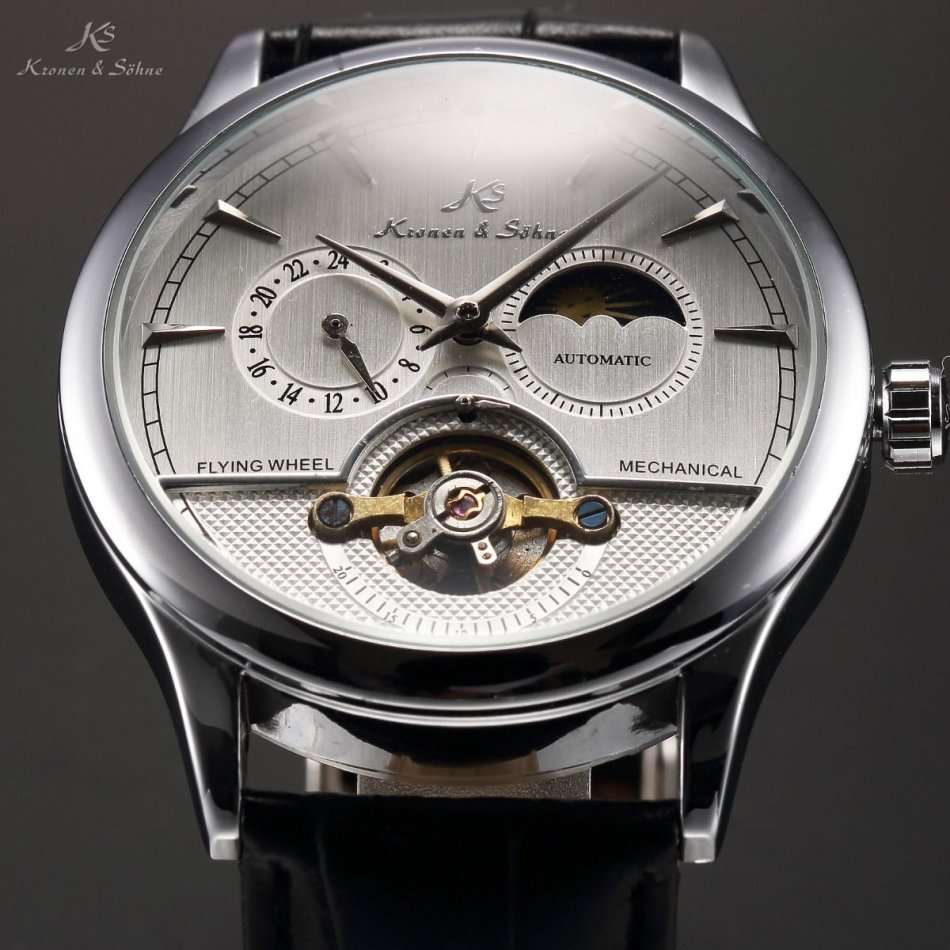 -I GENUINE I- KRONEN& SÖHNE Luxury Men 24 Hours Leather Sport Automatic Mechanical Steel Wrist Watch