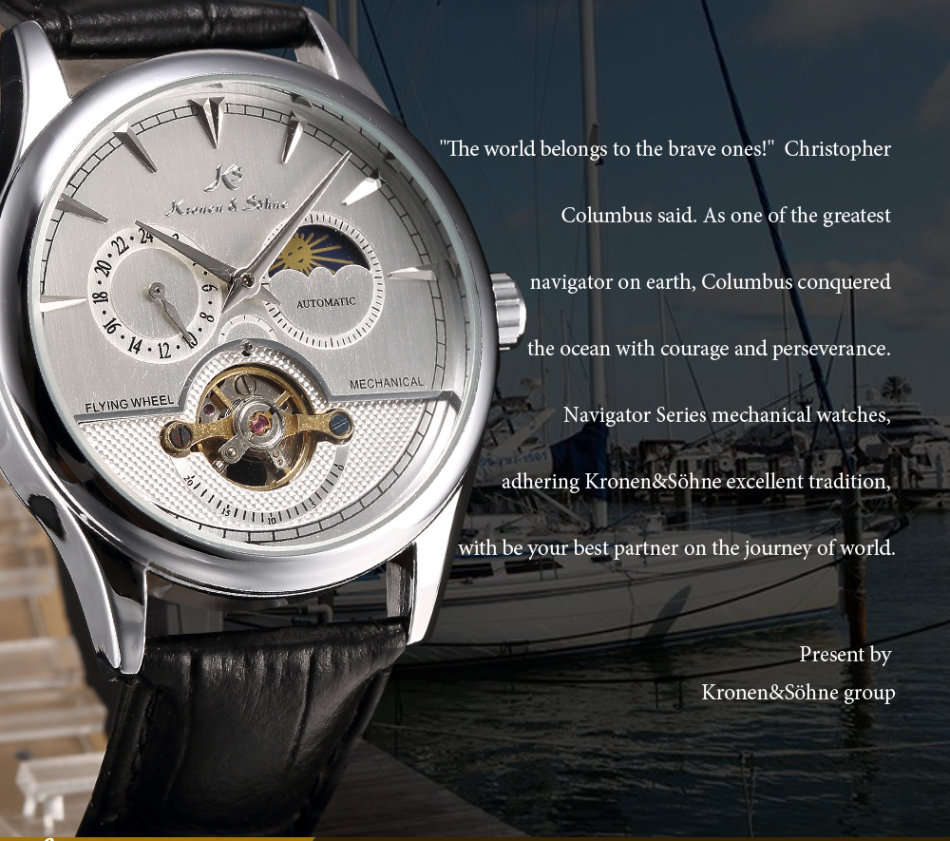 -I GENUINE I- KRONEN& SÖHNE Luxury Men 24 Hours Leather Sport Automatic Mechanical Steel Wrist Watch