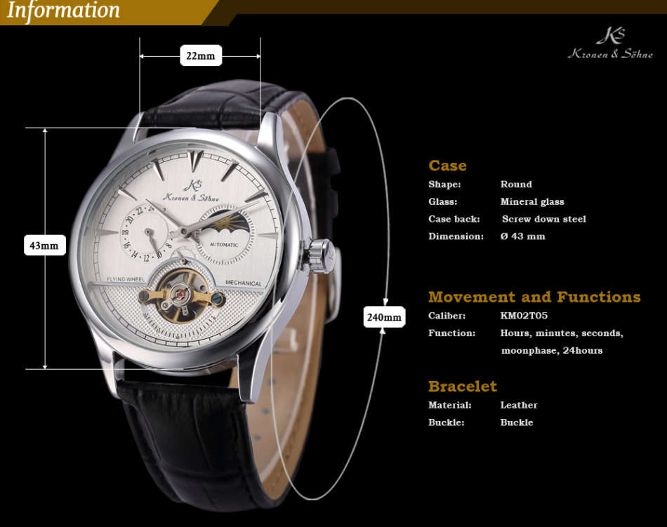 -I GENUINE I- KRONEN& SÖHNE Luxury Men 24 Hours Leather Sport Automatic Mechanical Steel Wrist Watch