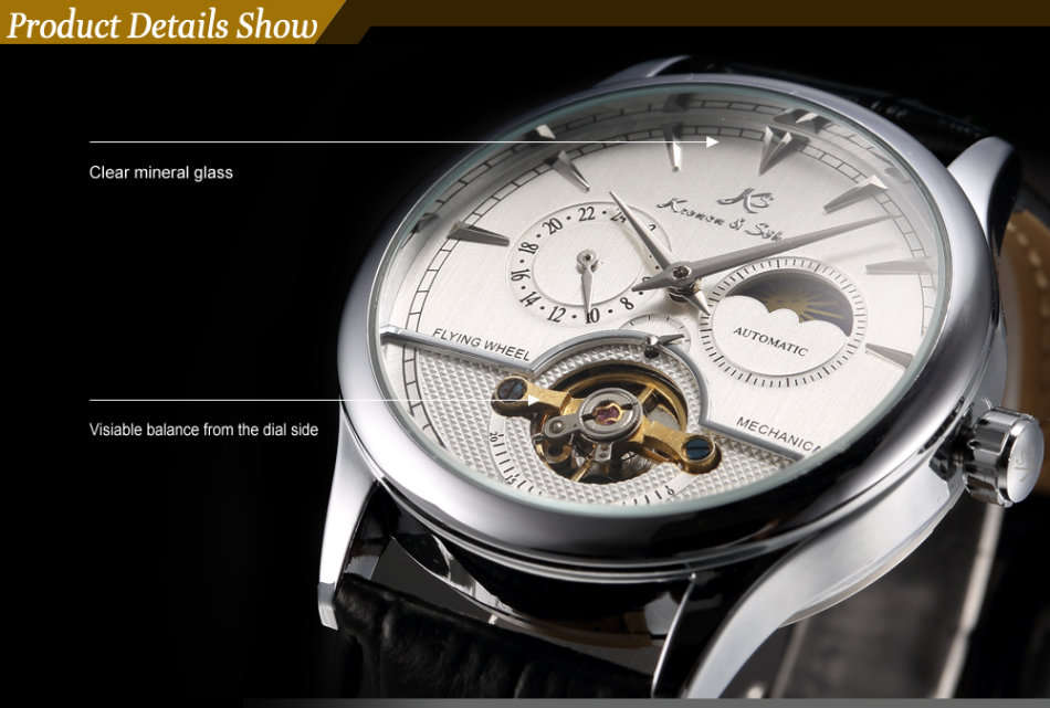 -I GENUINE I- KRONEN& SÖHNE Luxury Men 24 Hours Leather Sport Automatic Mechanical Steel Wrist Watch