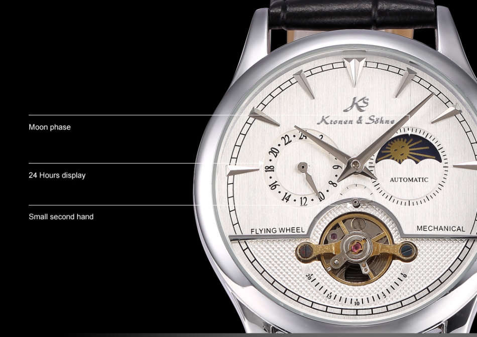 -I GENUINE I- KRONEN& SÖHNE Luxury Men 24 Hours Leather Sport Automatic Mechanical Steel Wrist Watch