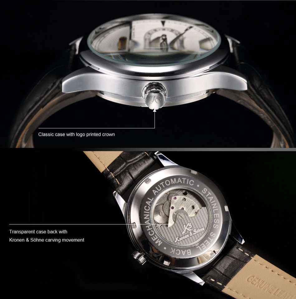 -I GENUINE I- KRONEN& SÖHNE Luxury Men 24 Hours Leather Sport Automatic Mechanical Steel Wrist Watch