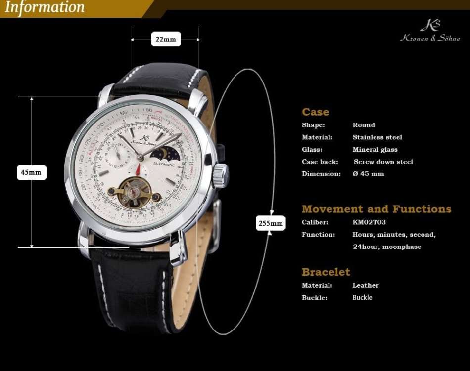 -I GENUINE I- KRONEN & SÖHNE Tourbillon Automatic Mechanical Sport Wrist Leather Watch