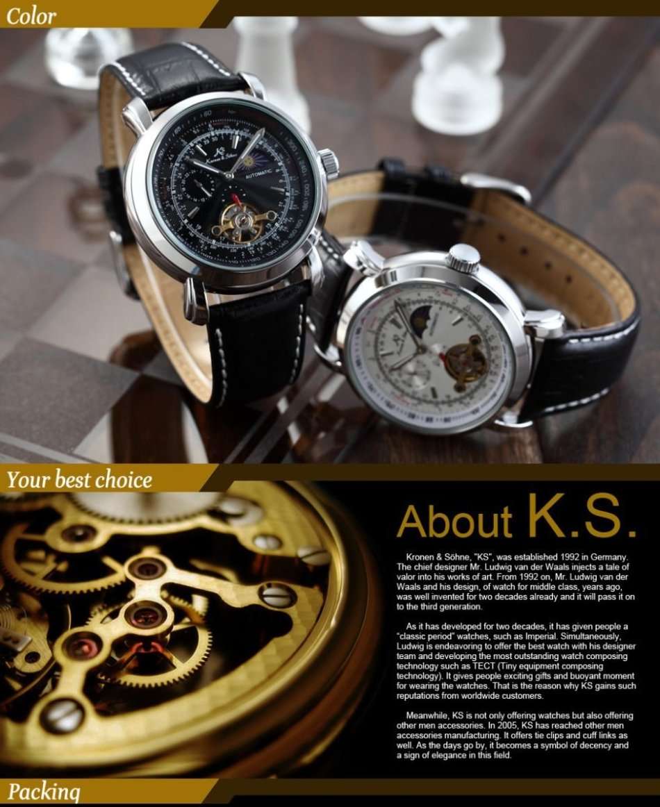 -I GENUINE I- KRONEN & SÖHNE Tourbillon Automatic Mechanical Sport Wrist Leather Watch