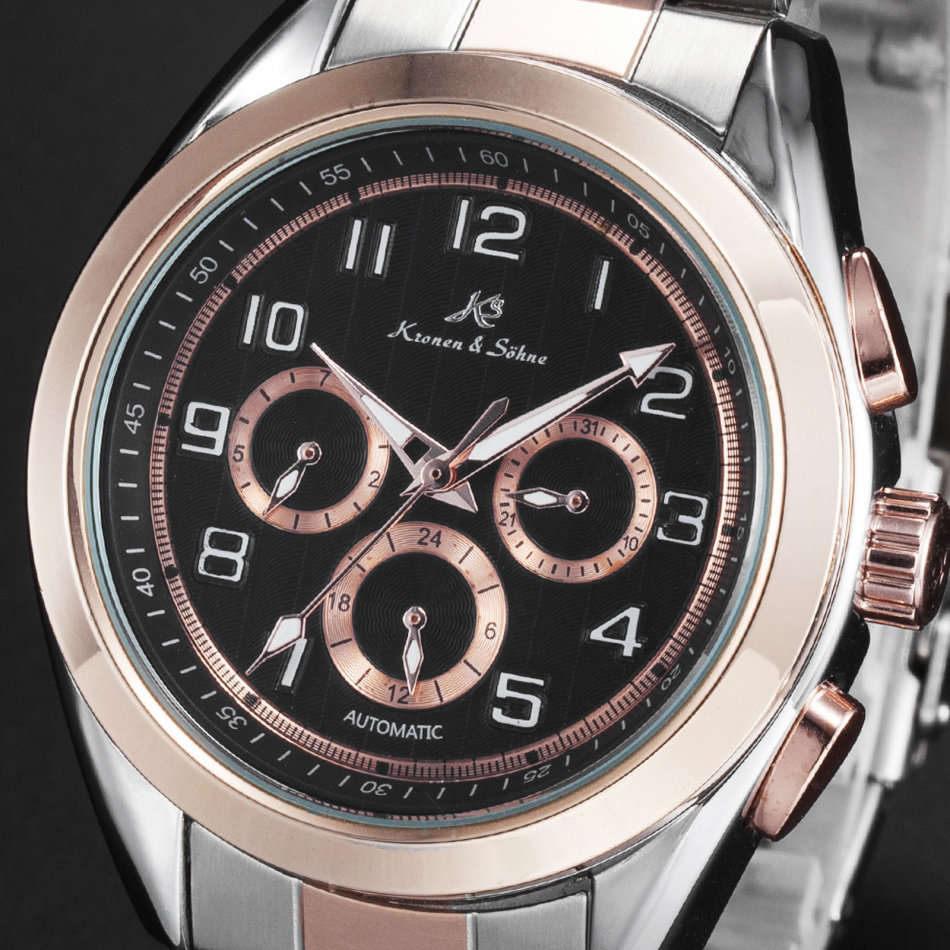 -I GENUINE I- KRONEN&SÖHNE Rose Gold Date Day Automatic Mechanical Steel Sport Wrist Watch