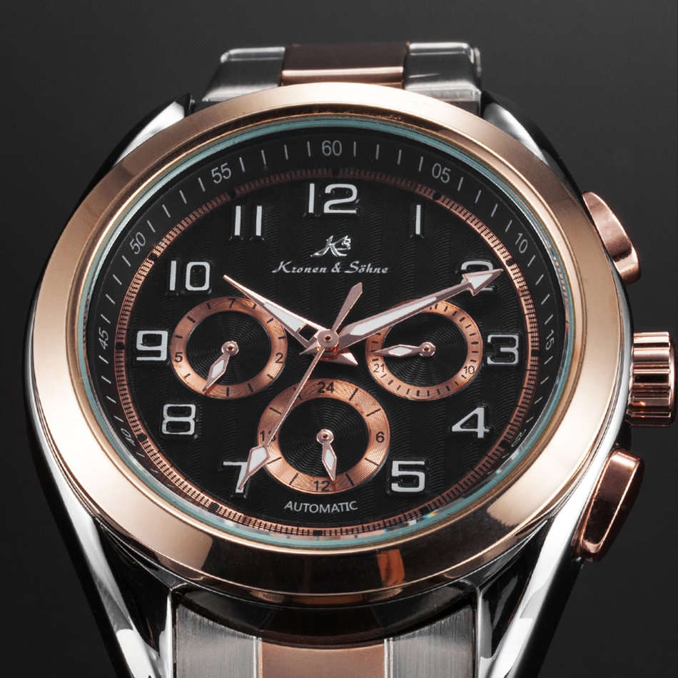 -I GENUINE I- KRONEN&SÖHNE Rose Gold Date Day Automatic Mechanical Steel Sport Wrist Watch