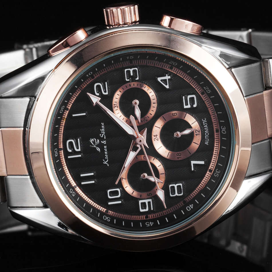 -I GENUINE I- KRONEN&SÖHNE Rose Gold Date Day Automatic Mechanical Steel Sport Wrist Watch