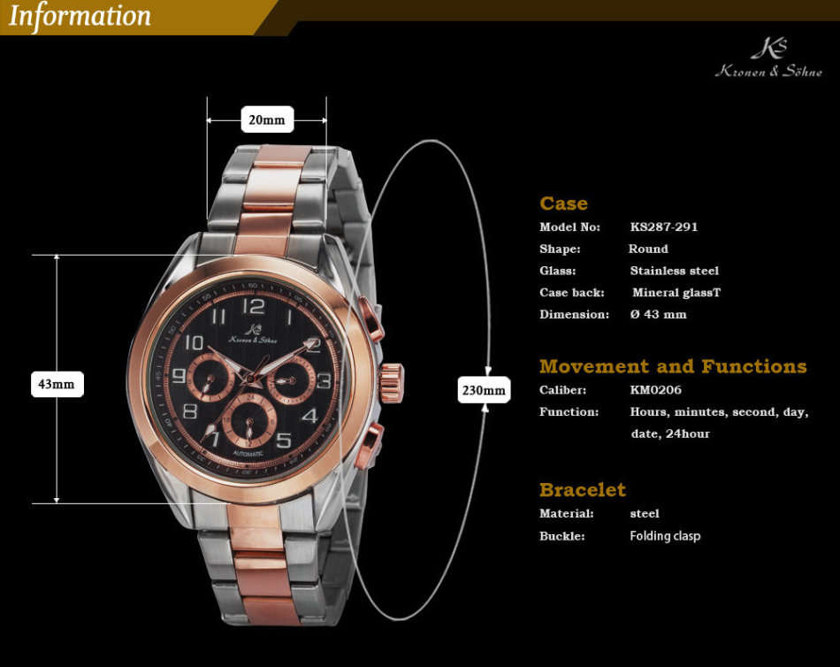 -I GENUINE I- KRONEN&SÖHNE Rose Gold Date Day Automatic Mechanical Steel Sport Wrist Watch