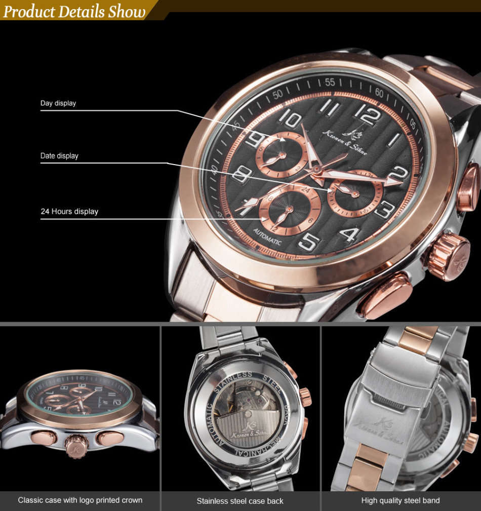 -I GENUINE I- KRONEN&SÖHNE Rose Gold Date Day Automatic Mechanical Steel Sport Wrist Watch