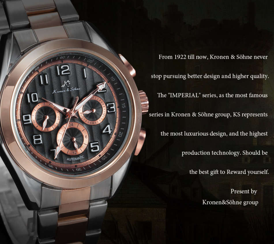 -I GENUINE I- KRONEN&SÖHNE Rose Gold Date Day Automatic Mechanical Steel Sport Wrist Watch