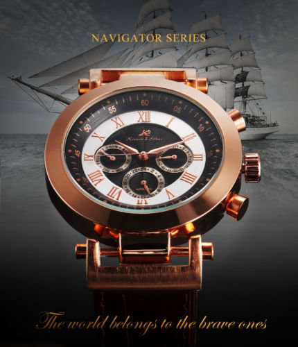 -I GENUINE I- KRONEN&SÖHNE Automatic Mechanical Date Day ROSE DIAL   6 Hands Sport Men Leather Watch