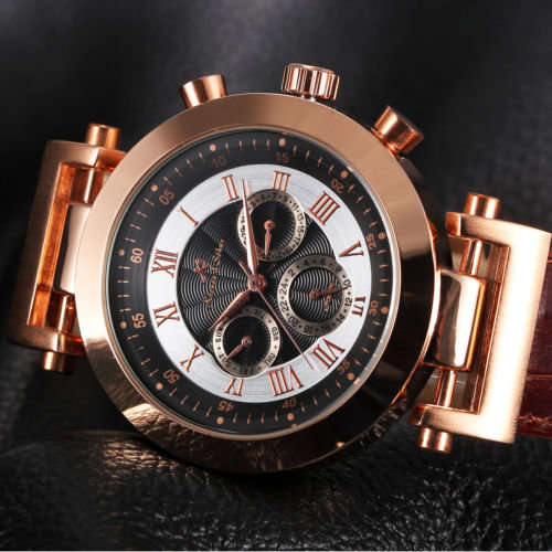 -I GENUINE I- KRONEN&SÖHNE Automatic Mechanical Date Day ROSE DIAL   6 Hands Sport Men Leather Watch