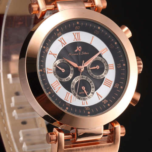 -I GENUINE I- KRONEN&SÖHNE Automatic Mechanical Date Day ROSE DIAL   6 Hands Sport Men Leather Watch