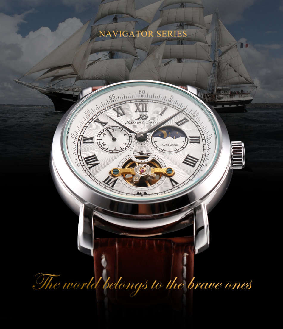 -I GENUINE I- KRONEN&SÖHNE  Analog Automatic Mechanical 24hours GOLD DIAL Leather Strap Wrist Watch