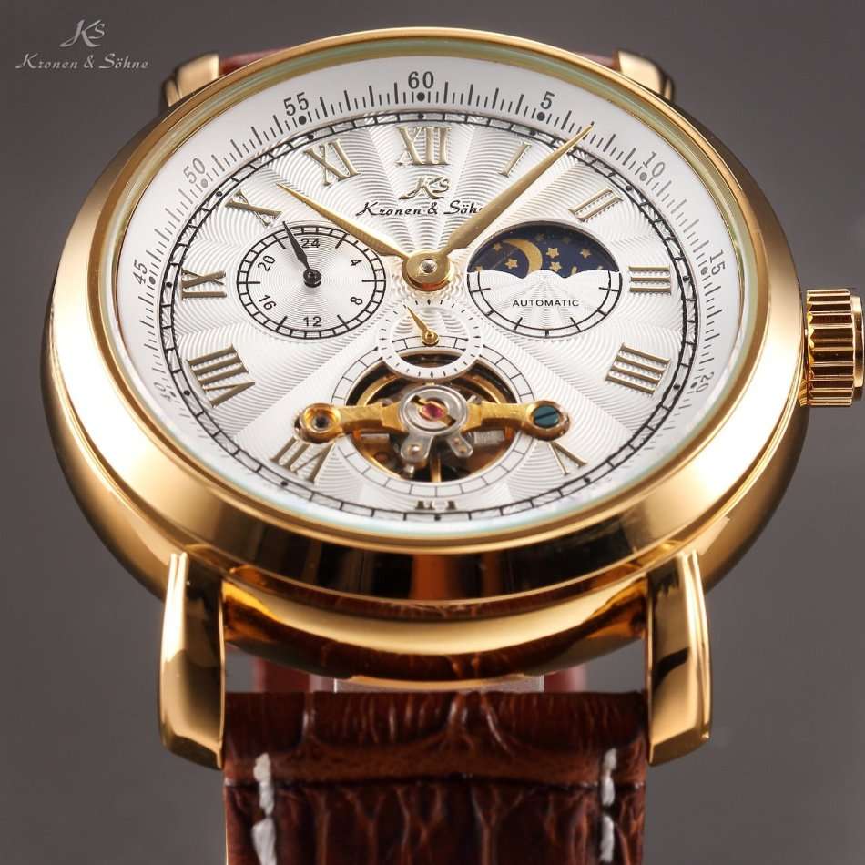 -I GENUINE I- KRONEN&SÖHNE  Analog Automatic Mechanical 24hours GOLD DIAL Leather Strap Wrist Watch