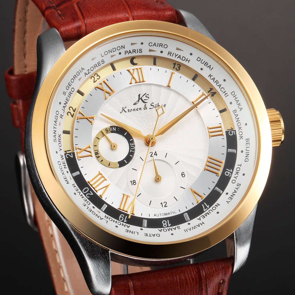 -I GENUINE I- KRONEN&SÖHNE Day 24 Hours Display Automatic Mechanical Men's Leather Sport Wrist Watch