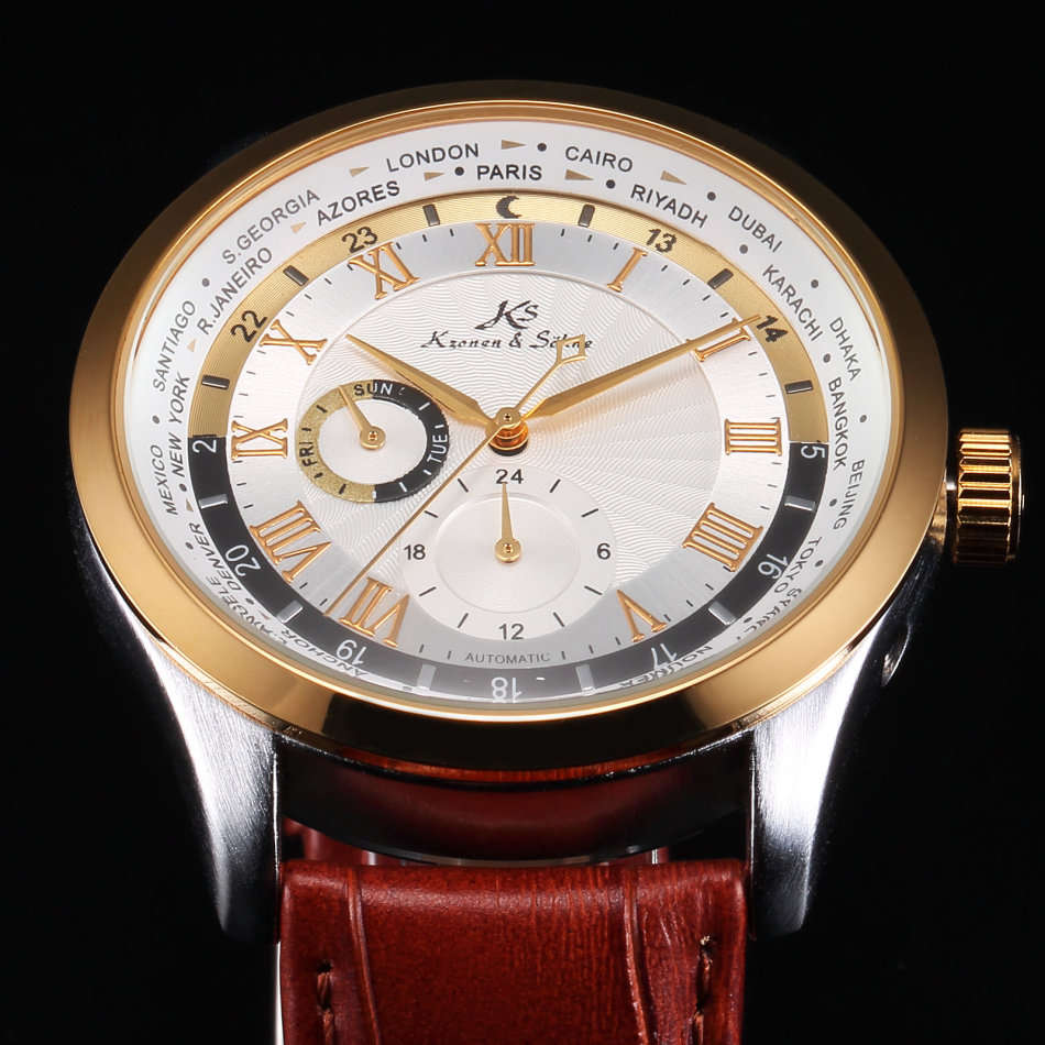 -I GENUINE I- KRONEN&SÖHNE Day 24 Hours Display Automatic Mechanical Men's Leather Sport Wrist Watch