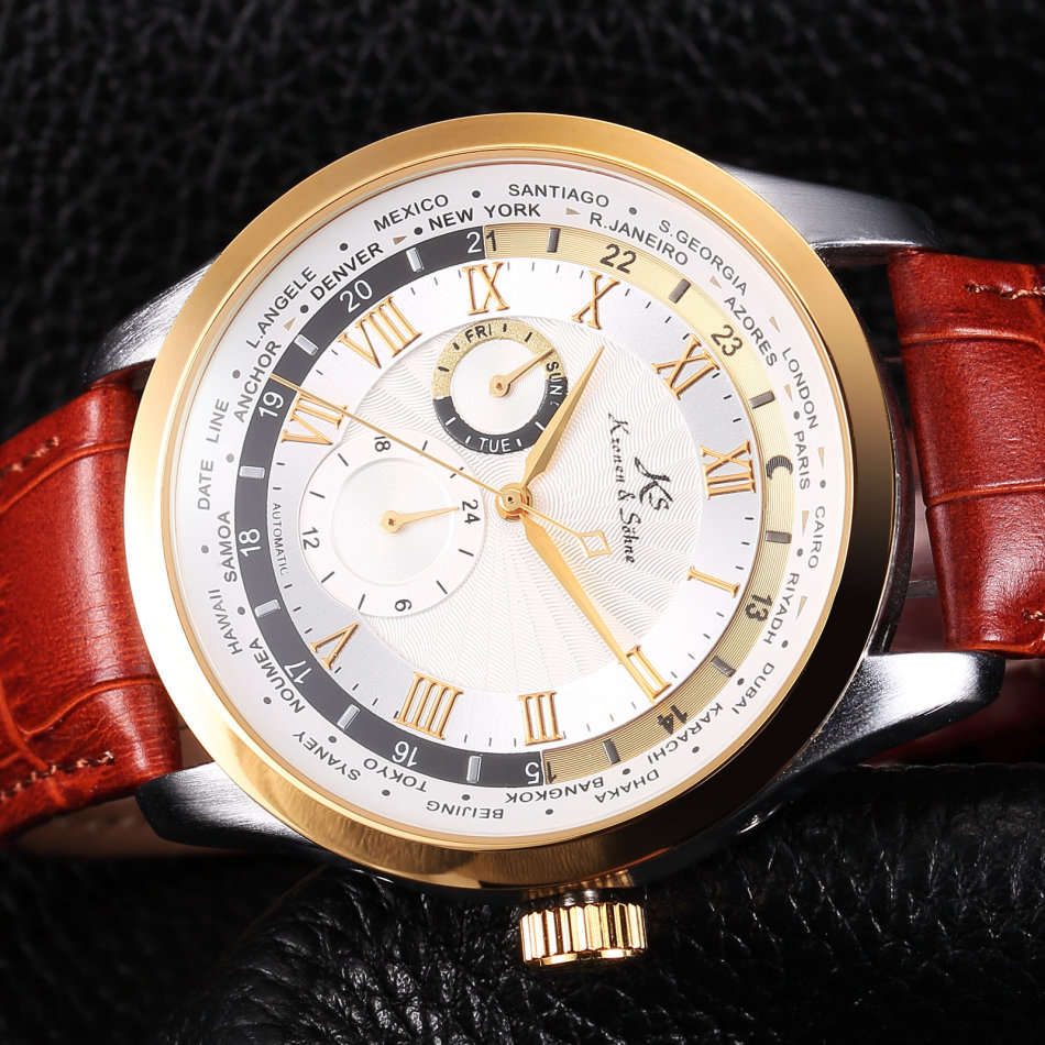 -I GENUINE I- KRONEN&SÖHNE Day 24 Hours Display Automatic Mechanical Men's Leather Sport Wrist Watch