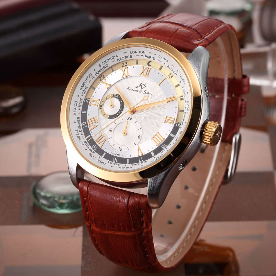 -I GENUINE I- KRONEN&SÖHNE Day 24 Hours Display Automatic Mechanical Men's Leather Sport Wrist Watch