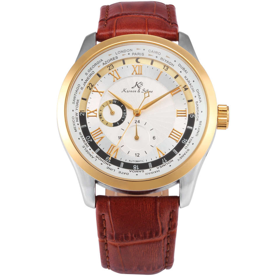 -I GENUINE I- KRONEN&SÖHNE Day 24 Hours Display Automatic Mechanical Men's Leather Sport Wrist Watch