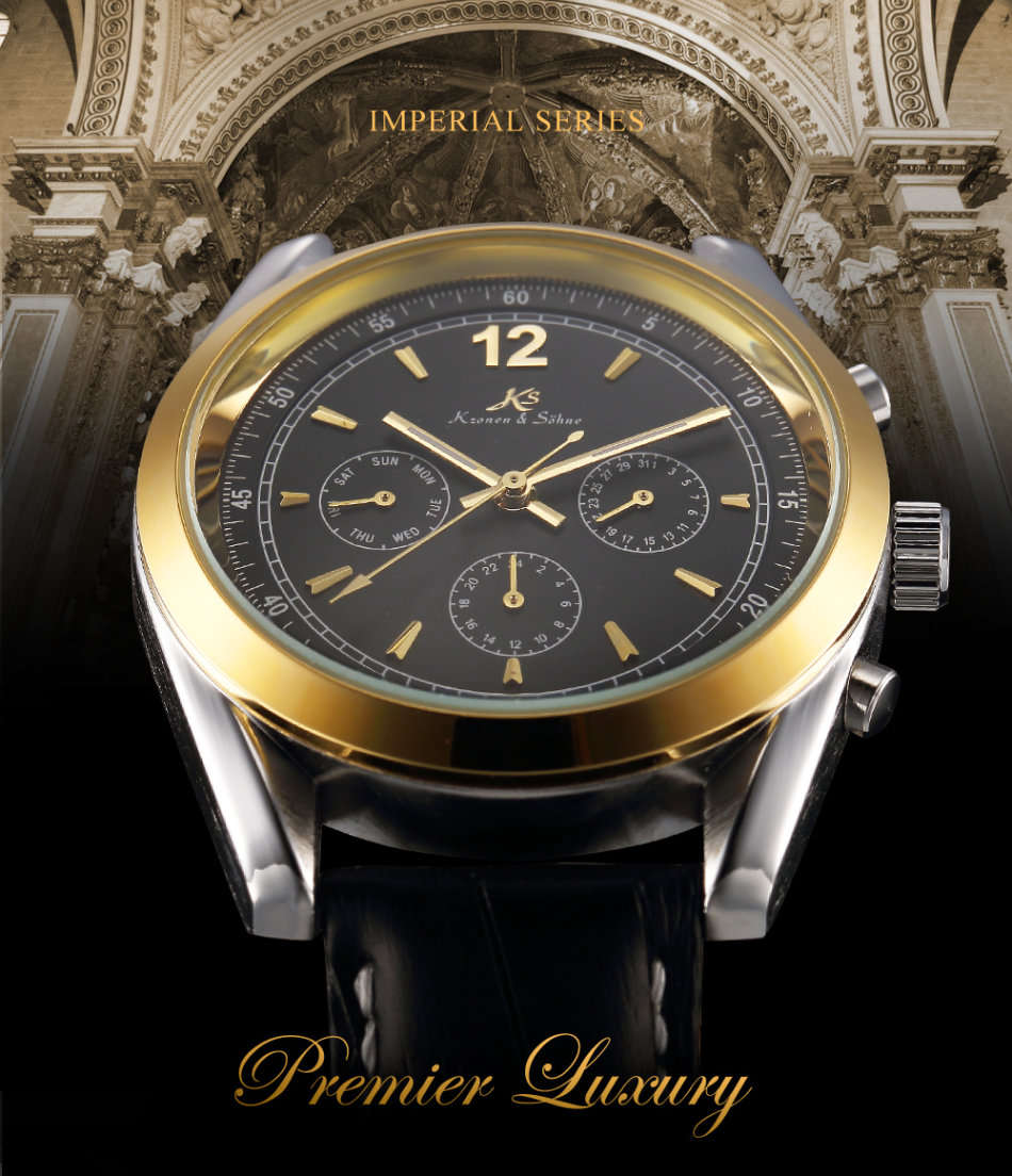 -I GENUINE I- KRONEN&SÖHNE IMPERIAL Luxury Mens Leather Automatic Mechanical Day Date Sport Watch