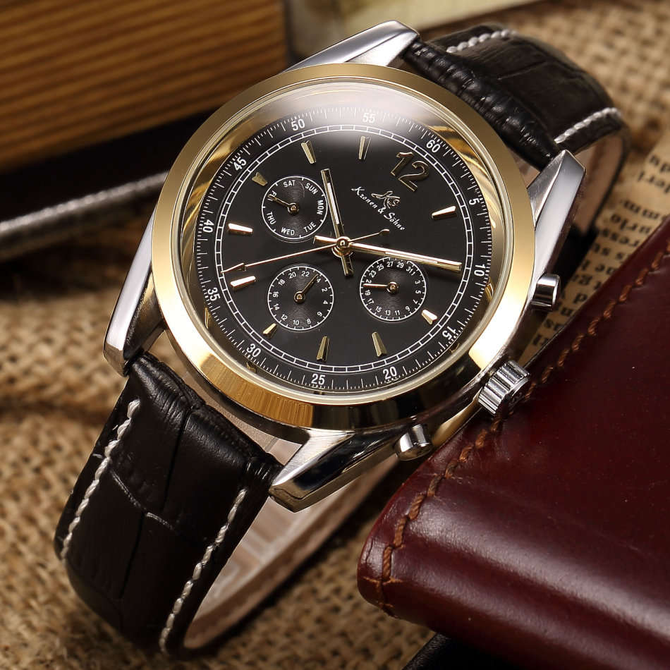 -I GENUINE I- KRONEN&SÖHNE IMPERIAL Luxury Mens Leather Automatic Mechanical Day Date Sport Watch