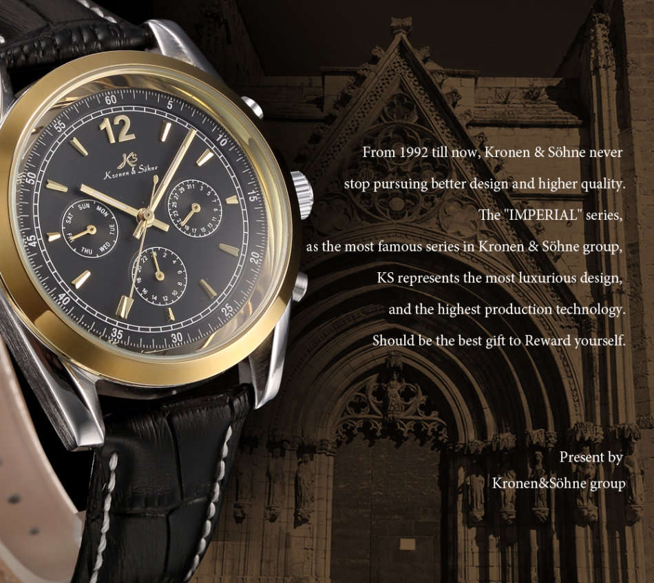 -I GENUINE I- KRONEN&SÖHNE IMPERIAL Luxury Mens Leather Automatic Mechanical Day Date Sport Watch