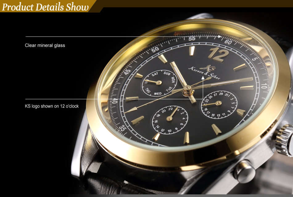 -I GENUINE I- KRONEN&SÖHNE IMPERIAL Luxury Mens Leather Automatic Mechanical Day Date Sport Watch