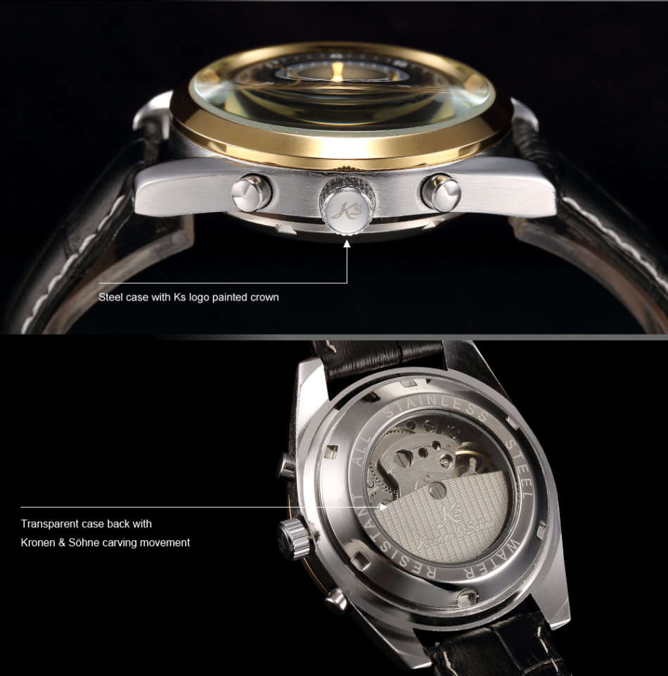 -I GENUINE I- KRONEN&SÖHNE IMPERIAL Luxury Mens Leather Automatic Mechanical Day Date Sport Watch