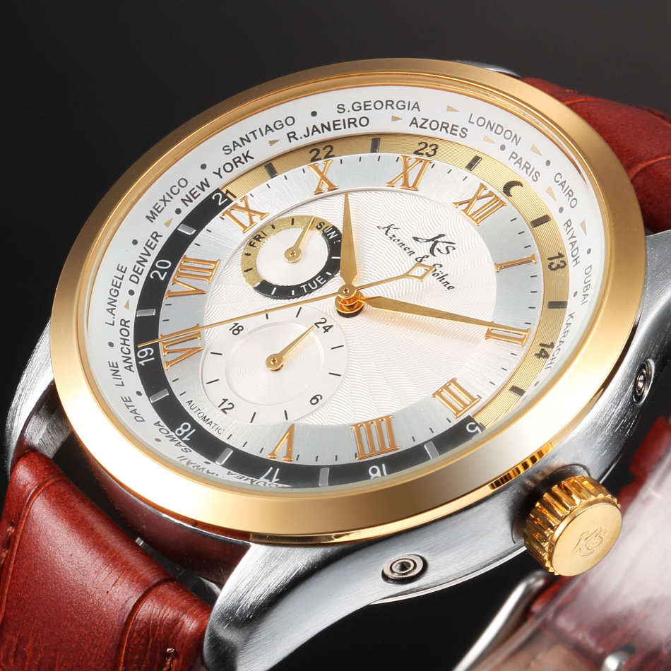 -I Late Entry !!! I GENUINE I- KRONEN & SÖHNE Automatic Sport Army Leather Mechanical Wrist Watch