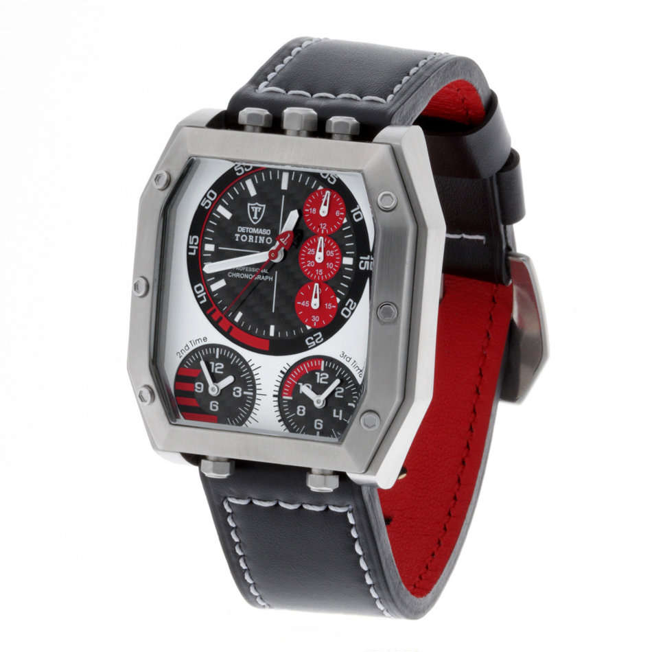 EXCLUSIVE !!! TORINO 3 TIMEZONE WATCH CHRONOGRAPH STAINLESS STEEL LEATHER LARGE DIAL