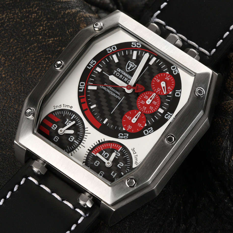 EXCLUSIVE !!! TORINO 3 TIMEZONE WATCH CHRONOGRAPH STAINLESS STEEL LEATHER LARGE DIAL