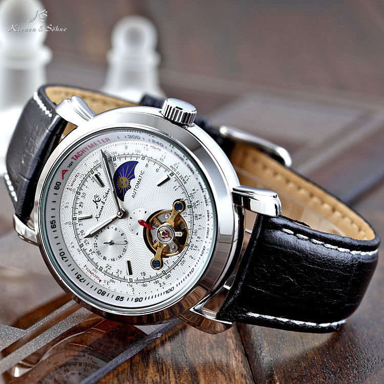 -I GENUINE I- KRONEN & SÖHNE Tourbillon Automatic Mechanical Sport Wrist Leather Watch