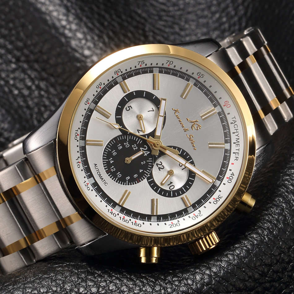 -I GENUINE I- KRONEN&SÖHNE Mens Stainless Steel Automatic Mechanical Date Day Sport Wrist Watch