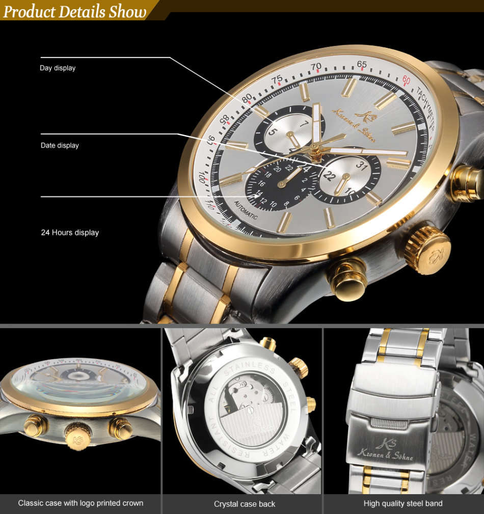 -I GENUINE I- KRONEN&SÖHNE Mens Stainless Steel Automatic Mechanical Date Day Sport Wrist Watch