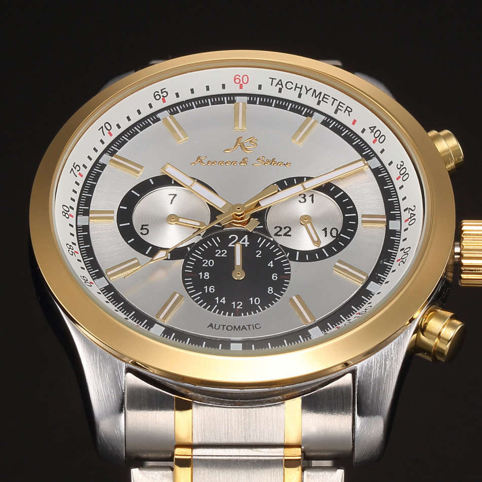 -I GENUINE I- KRONEN&SÖHNE Mens Stainless Steel Automatic Mechanical Date Day Sport Wrist Watch