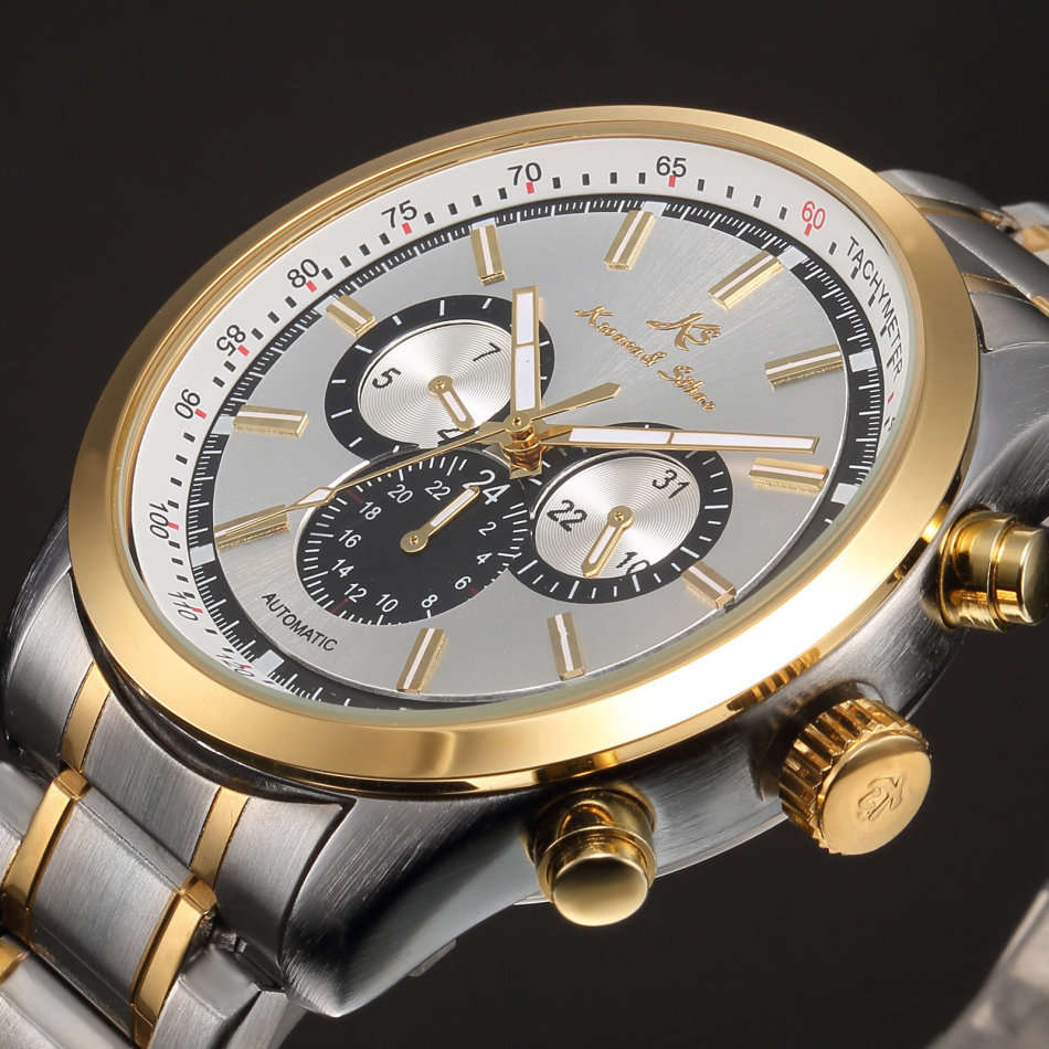 -I GENUINE I- KRONEN&SÖHNE Mens Stainless Steel Automatic Mechanical Date Day Sport Wrist Watch