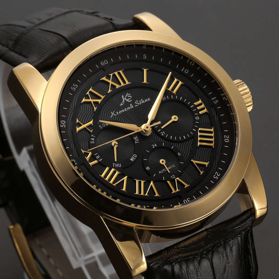 Late Entry !!! I GENUINE I Kronen & Sonhe Men DateDay Automatic GOLDEN Sport Wrist Watch+Gift Box