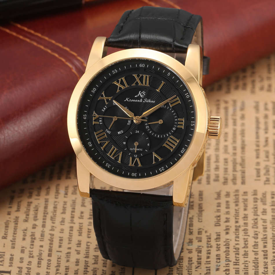 Late Entry !!! I GENUINE I Kronen & Sonhe Men DateDay Automatic GOLDEN Sport Wrist Watch+Gift Box