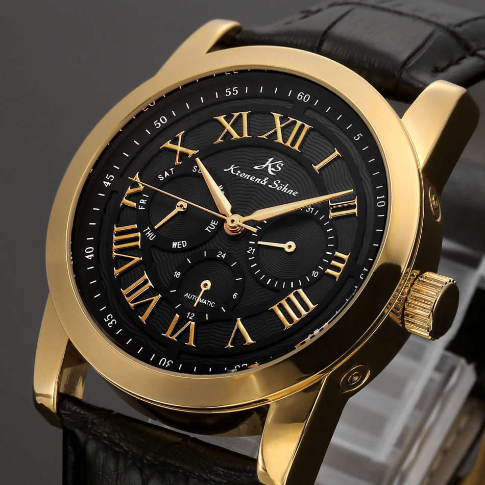 Late Entry !!! I GENUINE I Kronen & Sonhe Men DateDay Automatic GOLDEN Sport Wrist Watch+Gift Box