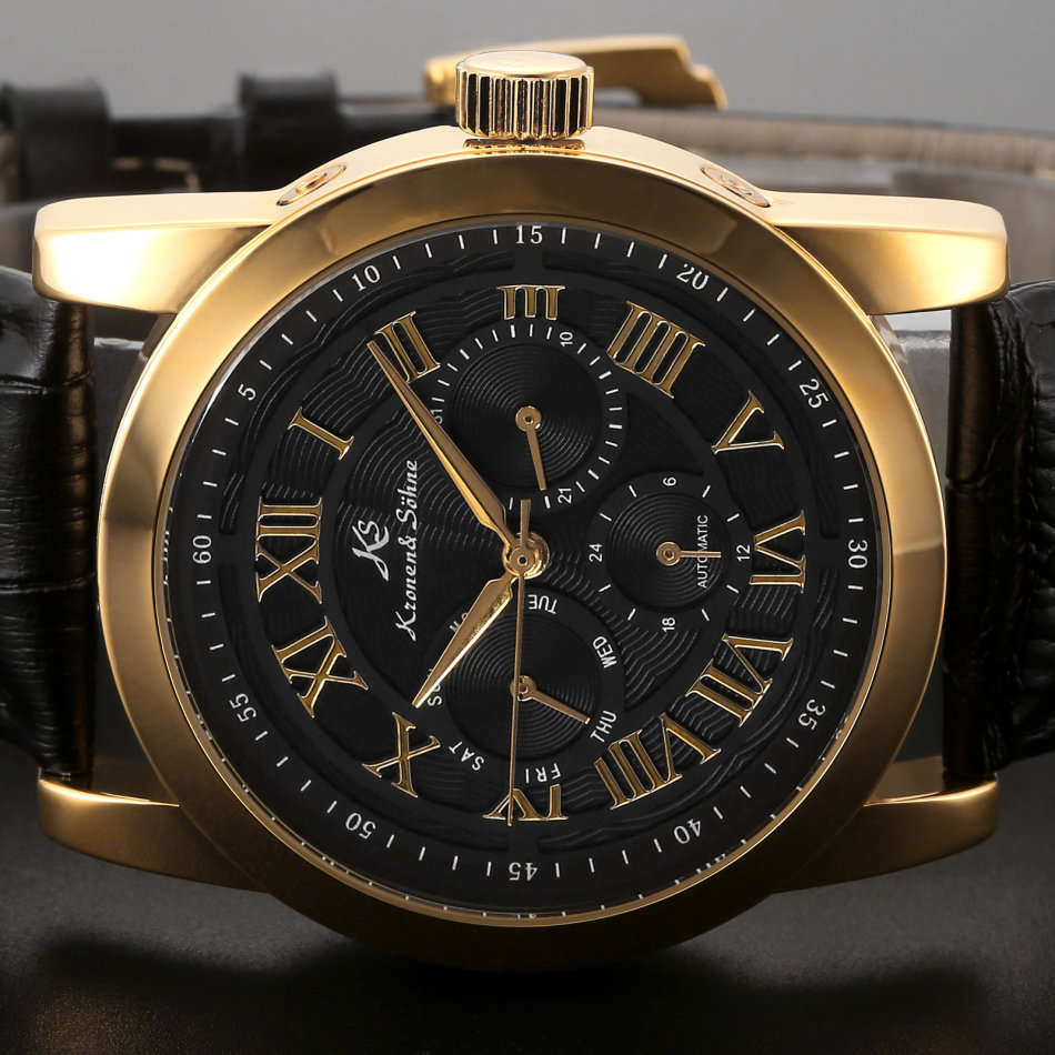 Late Entry !!! I GENUINE I Kronen & Sonhe Men DateDay Automatic GOLDEN Sport Wrist Watch+Gift Box