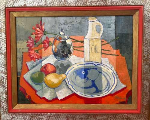 ZINNIAS AND FISH PLATE - An original painting by Liz Fitzhenry