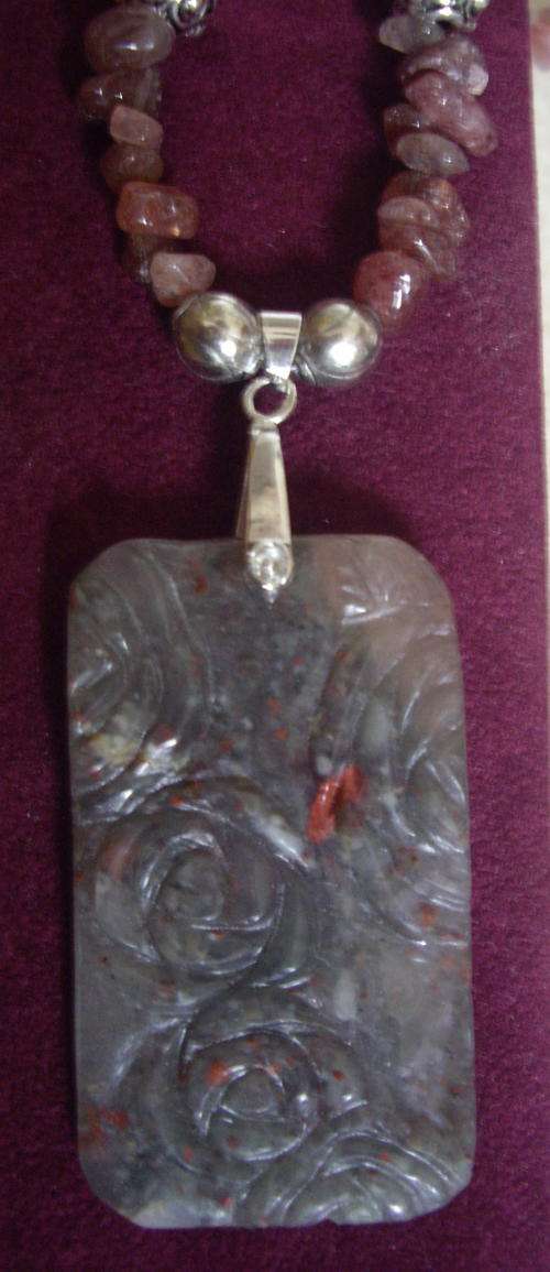 Magical and subtle - Dragon Bloodstone Rose-Carved pendant on Rose Aventurine necklace...