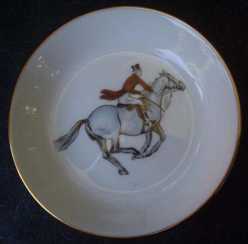 Royal Worcester bone china pin tray, gilt-edged, with huntsman.