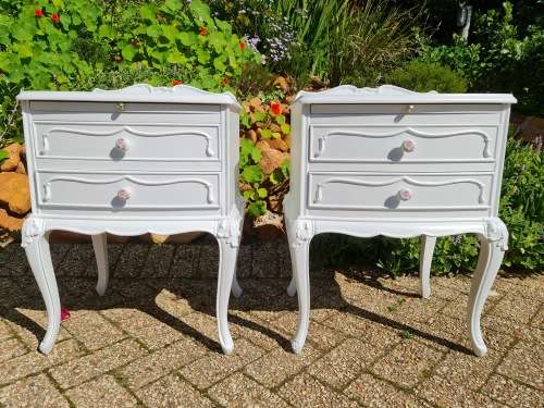French Chest of Drawers and Matching Pedestals. Beautiful Carvings. Rose Porcelain Knobs.