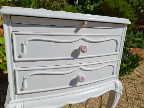 French Chest of Drawers and Matching Pedestals. Beautiful Carvings. Rose Porcelain Knobs.